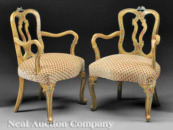 Appraisal: A Pair of Antique Venetian Painted Fauteuils overall decoration of