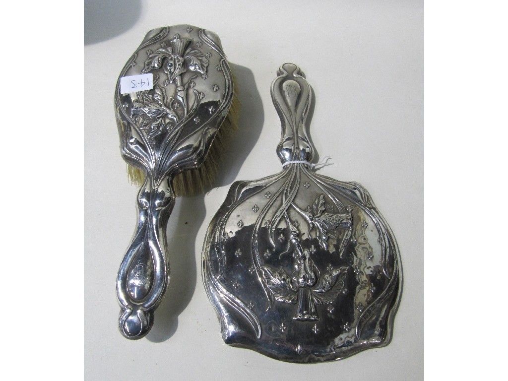 Appraisal: Art Nouveau silver brush and mirror Birmingham and