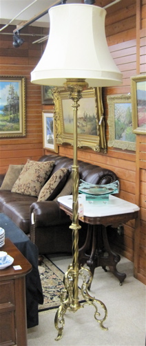 Appraisal: BRASS TRIPOD FLOOR LAMP WITH SHADE The Stiffel Co paper