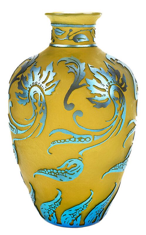 Appraisal: Steuben Blue Aurene Acid Cut Back Art Glass Vase attributed