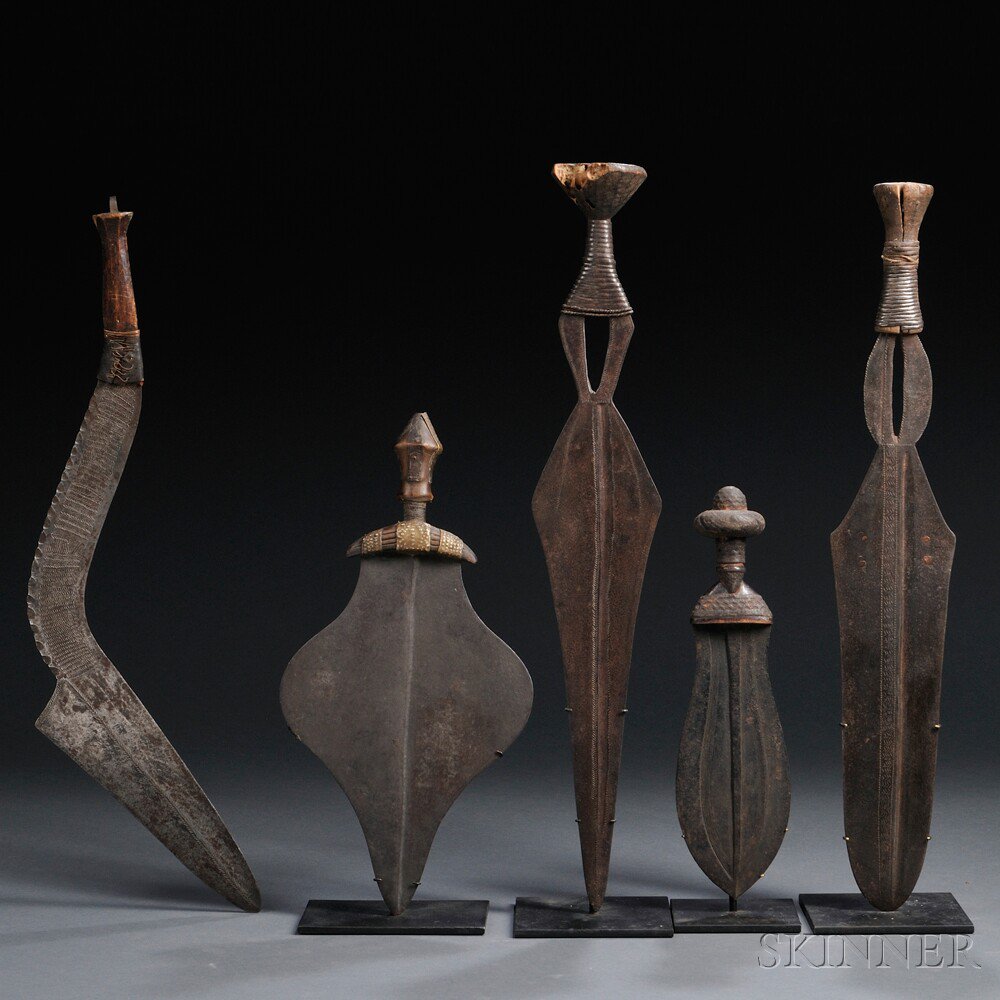 Appraisal: Five African Weapons includes a Kuba knife two Ngombe knives