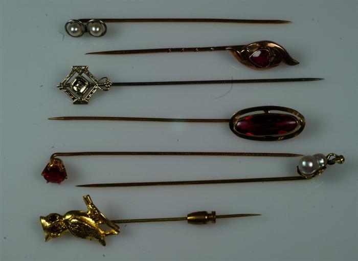 Appraisal: unmarked YG stick pins all with various colored stones pearls