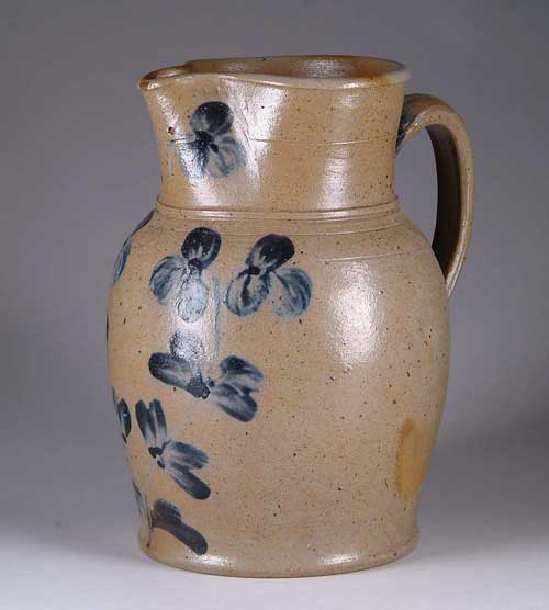 Appraisal: NICE BLUE DECORATED STONEWARE PITCHER Probably Pennsylvania Having a pinched