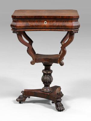 Appraisal: Classical mahogany work table highly figured mahogany veneers hinged top