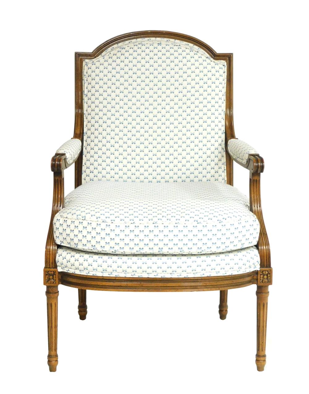 Appraisal: French style open armchair by Baker Furniture carved frame blue