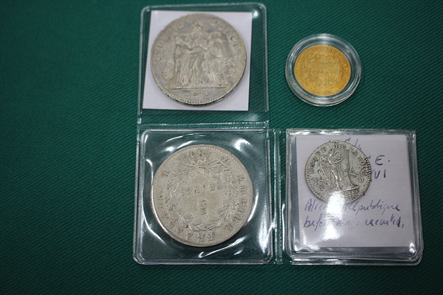 Appraisal: FOUR FRENCH COINS to include a franc gold coin a