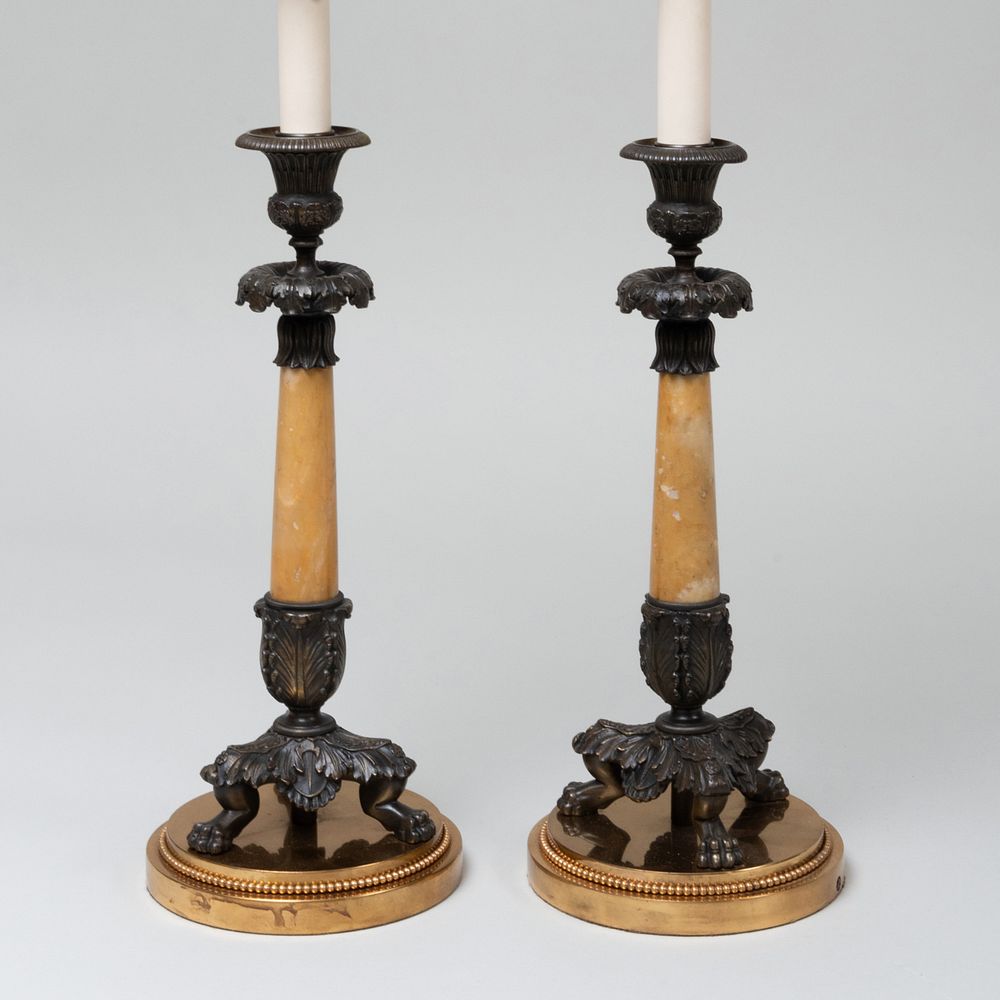 Appraisal: Pair of Empire Style Marble and Bronze Tripod Candlesticks Mounted