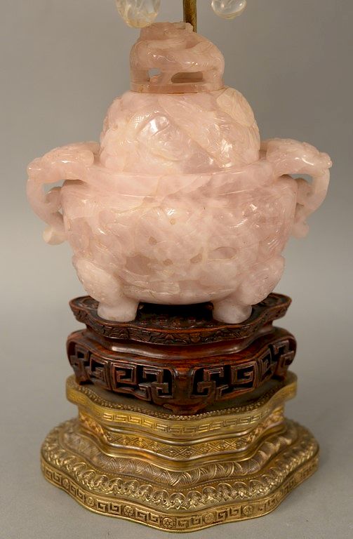 Appraisal: Large rose quartz covered incense urn having dragon head and