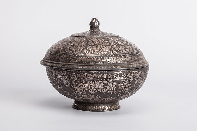 Appraisal: AN INDIAN BIDRIWARE CIRCULAR BOWL AND COVER with stylised flower