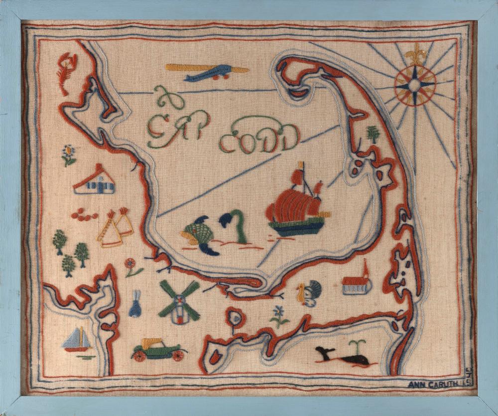 Appraisal: HAND-STITCHED MAP OF CAPE COD Embellished with motifs referencing local