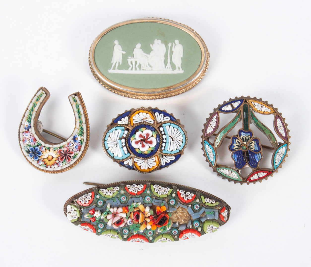 Appraisal: Four Italian micromosaic brooches including one horseshoe shaped in at