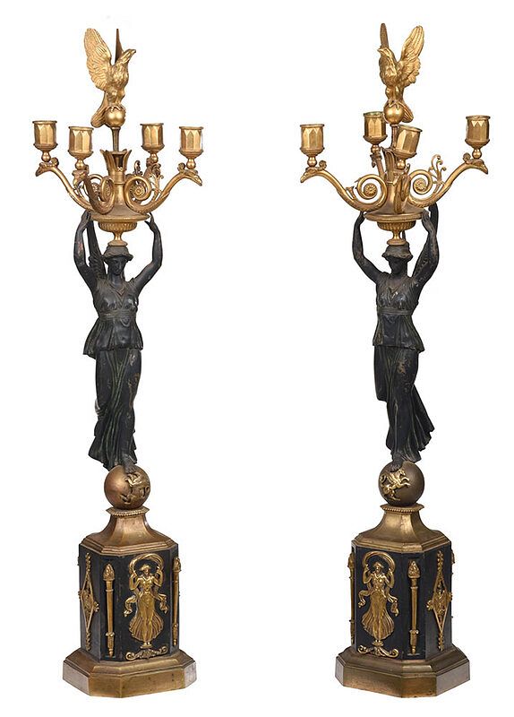 Appraisal: Pair Empire Patinated Bronze Figural Candelabra French th century each