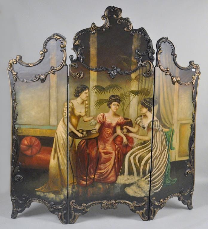 Appraisal: Rococo Revival Style Painted Tri-Fold Screen with painted scene of