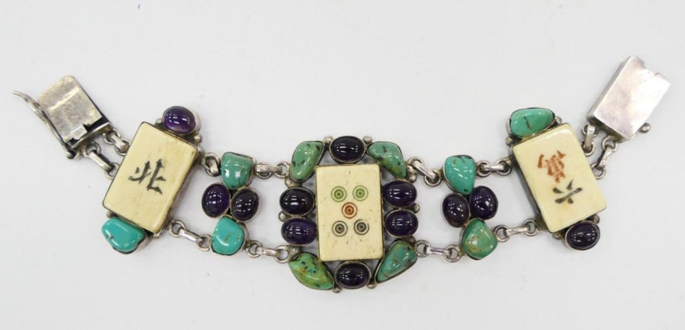 Appraisal: CHINESE VINTAGE JADE AMETHYST STERLING BRACELET CHINESE VINTAGE JADE AMETHYST