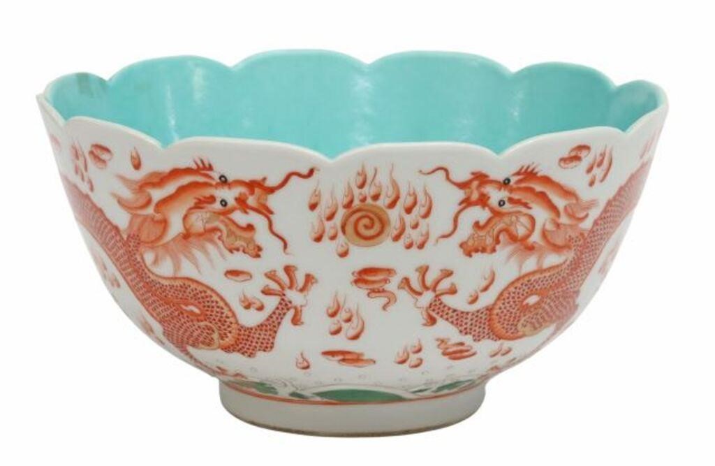 Appraisal: Chinese porcelain bowl lobed rim turquoise-glazed interior exterior decorated with