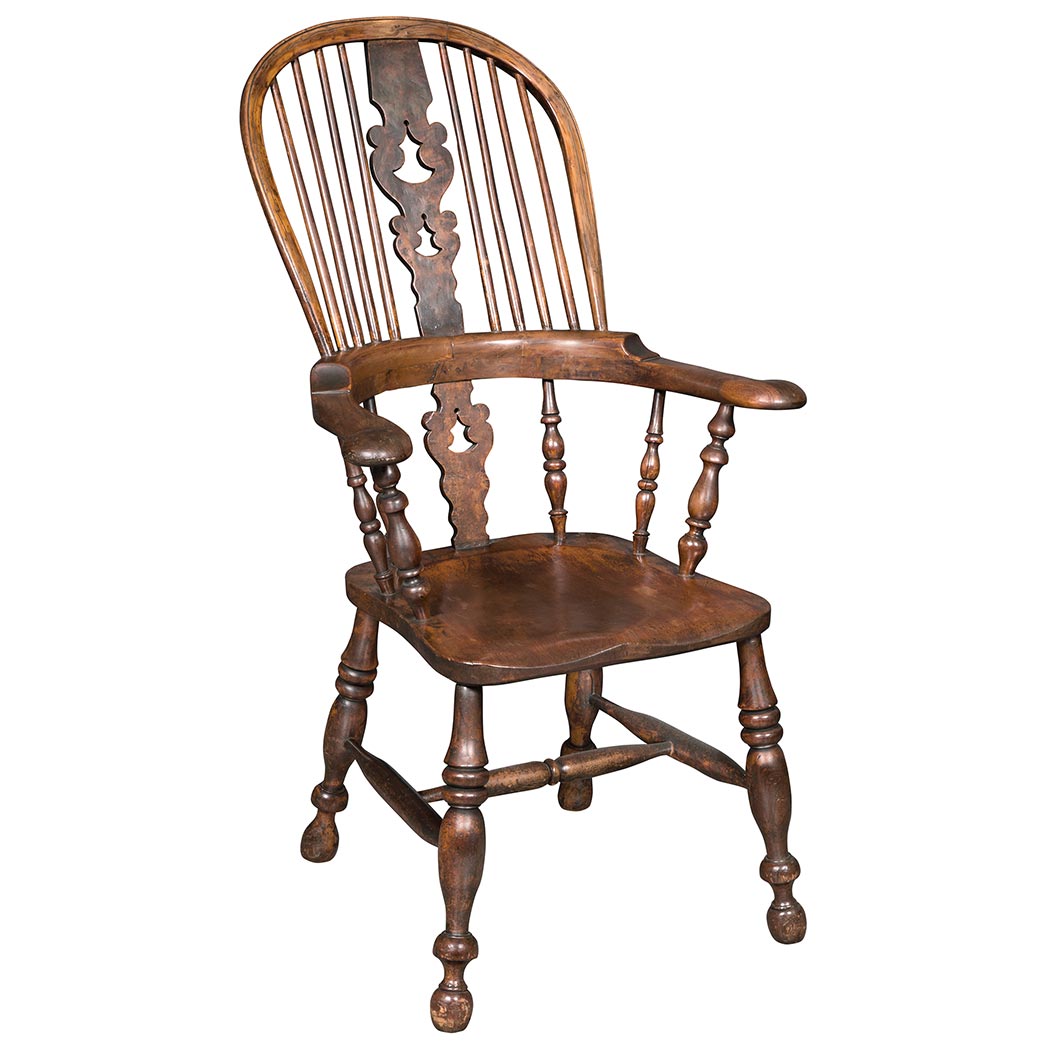 Appraisal: English Elmwood and Yewwood Windsor Armchair th Century The spindled