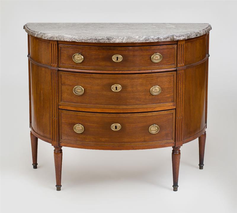 Appraisal: LOUIS XVI MAHOGANY D-SHAPED COMMODE STAMPED L MARTINE Mounts of