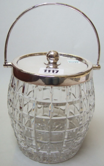 Appraisal: A faceted glass biscuit barrel with a plated handle rim