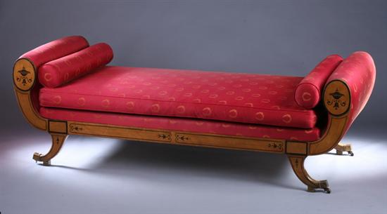 Appraisal: EMPIRE STYLE FRUITWOOD BANQUETTE th Century with red Napoleonic style