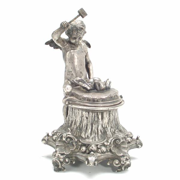 Appraisal: A Louis XV style figural silver plate inkwell height in