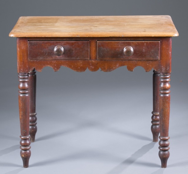 Appraisal: American Country Sheraton Work Table Two-drawer table Pine and mahogany