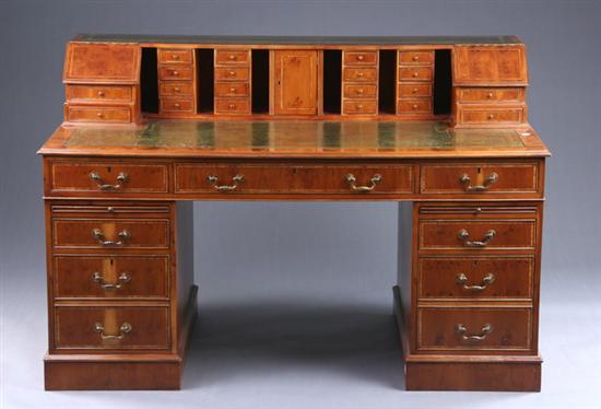 Appraisal: ENGLISH REGENCY STYLE DOUBLE-PEDESTAL DESK th century burl walnut Well-tooled