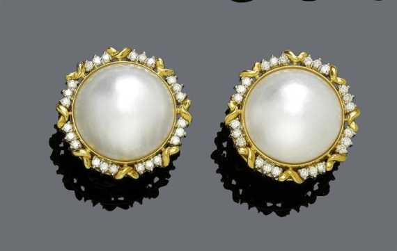 Appraisal: PEARL AND DIAMOND EARCLIPS Yellow and white gold Attractive earclips