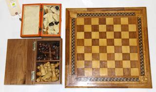 Appraisal: English style inlaid chess board having ebonized banding with two