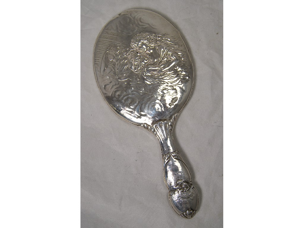 Appraisal: Art nouveau embossed silver hand mirror decorated with three maidens