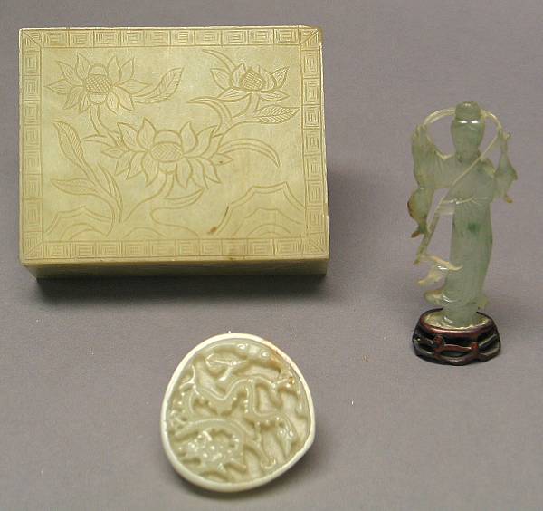 Appraisal: Two hardstone decorations One pale greenish white rectangular covered box