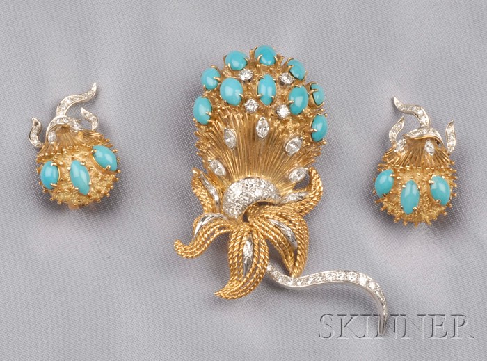 Appraisal: kt Gold Turquoise and Diamond Suite the brooch designed as