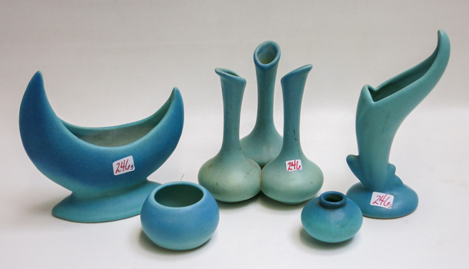 Appraisal: FIVE VAN BRIGGLE ART POTTERY VASES in Ming Blue glazes