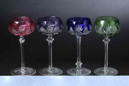 Appraisal: BOHEMIAN COLORED CUT-TO-CLEAR WINE GLASSES Colors including green cobalt ruby