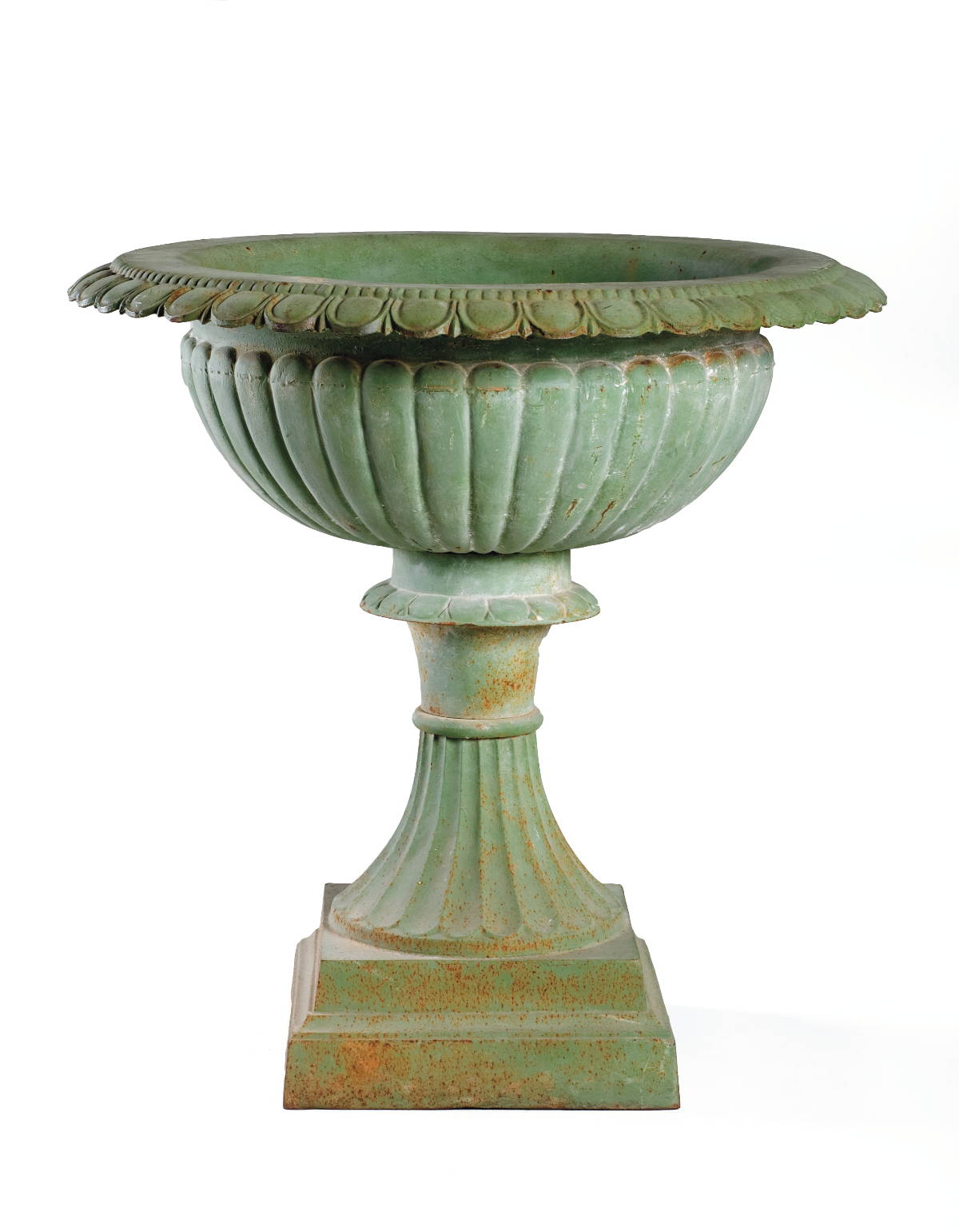 Appraisal: AMERICAN CAST-IRON GARDEN URN WITH PLINTH BASE IN LIGHT-GREEN PAINT