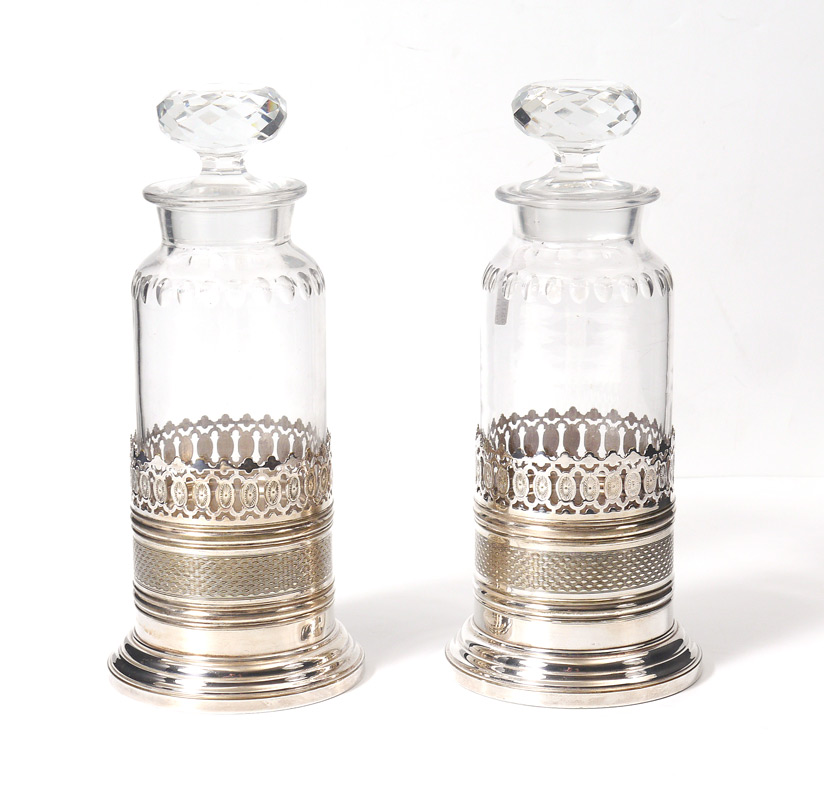 Appraisal: PAIR OF WMFM METAL MOUNTED CRYSTAL DECANTERS Pair of cut