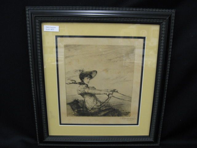 Appraisal: J M Gange etching young lady in bonnet driving in