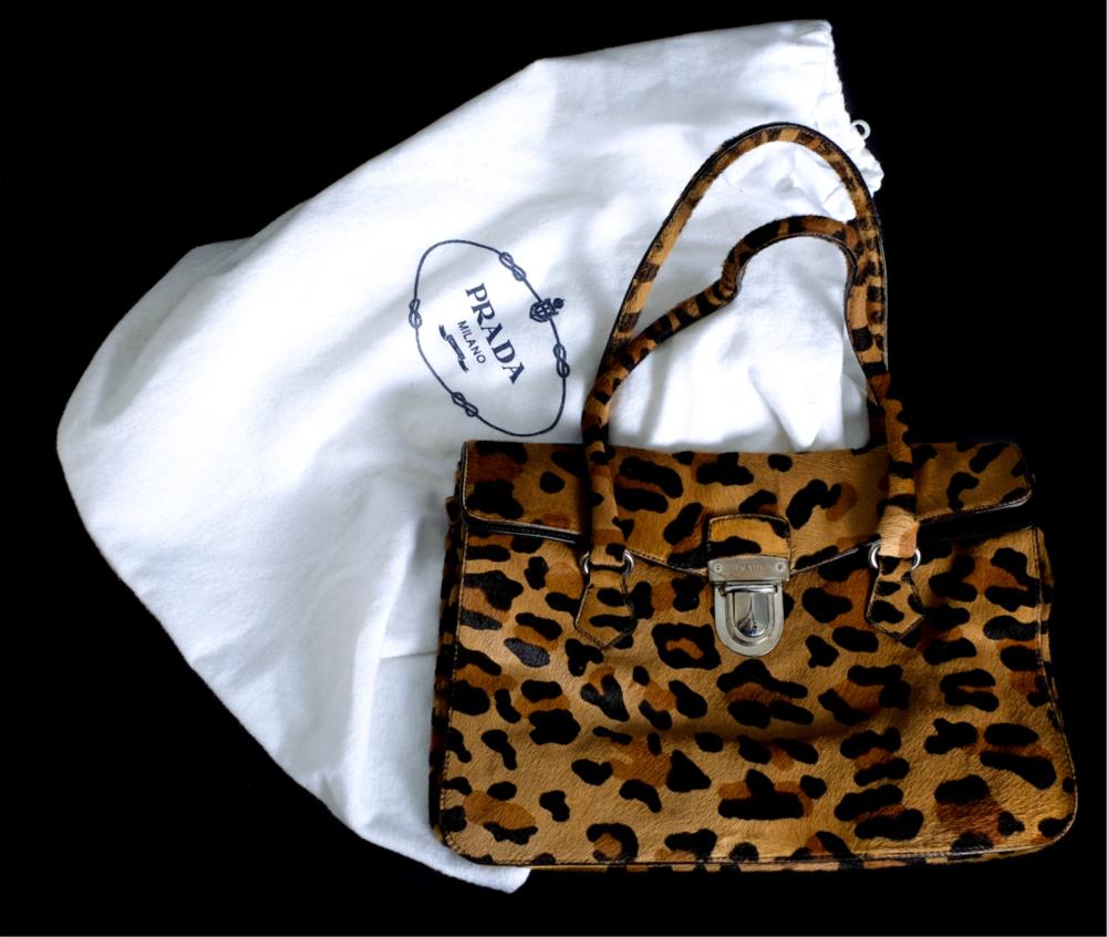 Appraisal: PRADA LEOPARD PATTERN FUR ATTACHE STYLE BAGPrada pony hair bag