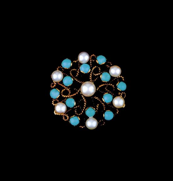 Appraisal: Cultured pearl and turquoise brooch circa circular openwork set with