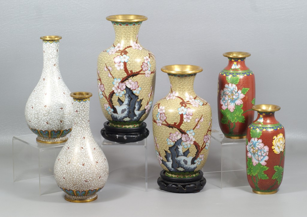 Appraisal: Pairs of Chinese Cloisonn Vases tallest with teak stands high