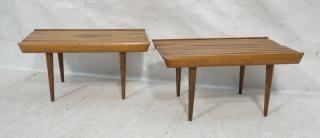 Appraisal: Pr Short Slat Bench Low Tables Tapered wood legs Pr