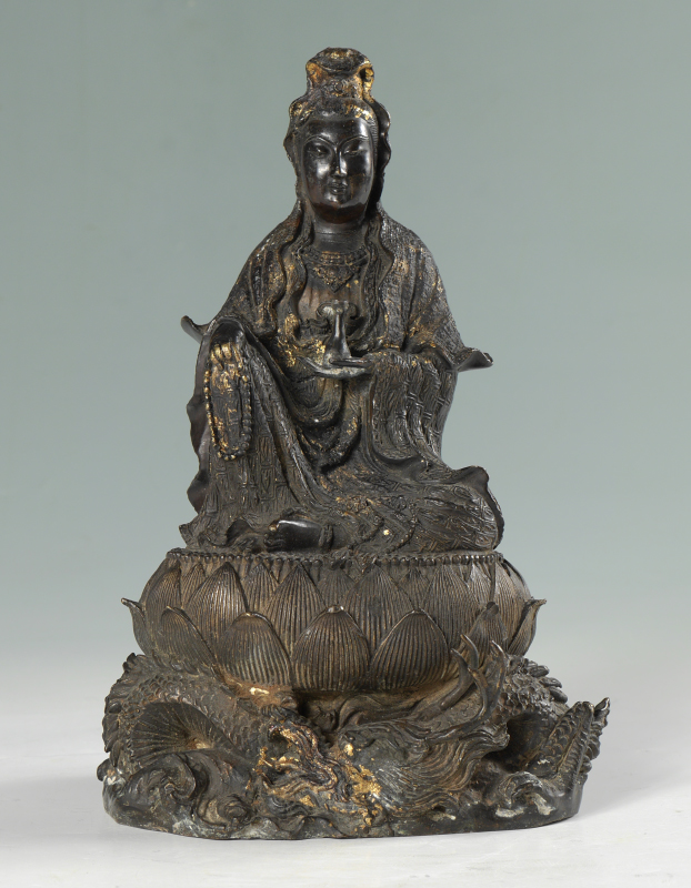 Appraisal: CHINESE BRONZE SEATED FIGURE OF QUANYIN Figure of Quanyin or