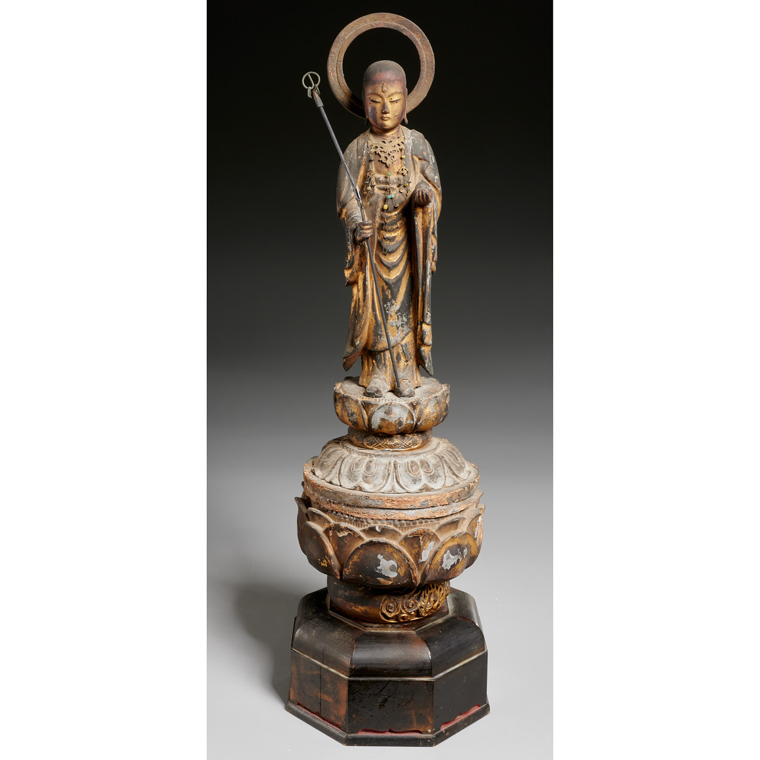 Appraisal: OLD JAPANESE GILTWOOD FIGURE OF JIZO KSITIGARBHA Likely Edo Period