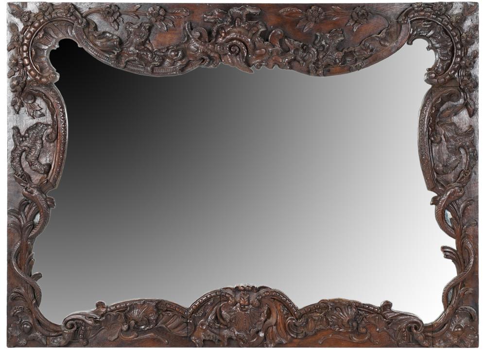 Appraisal: CARVED OAK MIRRORED PANELlate th early th century carved in