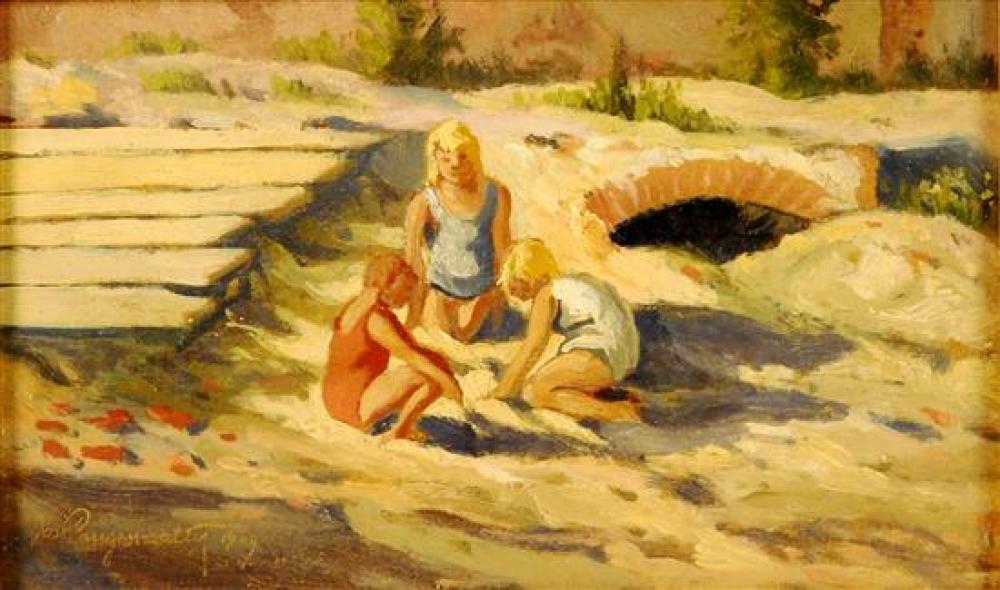 Appraisal: Oil on board depicting three children playing in the sand