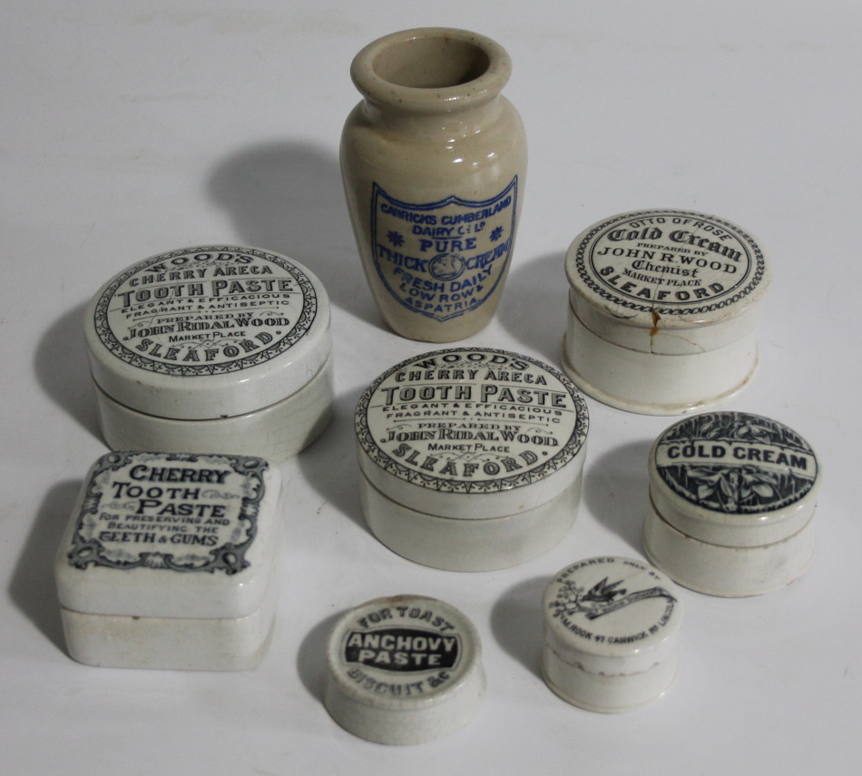 Appraisal: Various black and white transfer printed pot lids toothpaste jars