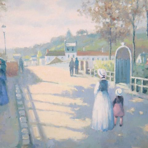 Appraisal: Jean Godineau oil figures strolling along the laon canvas image