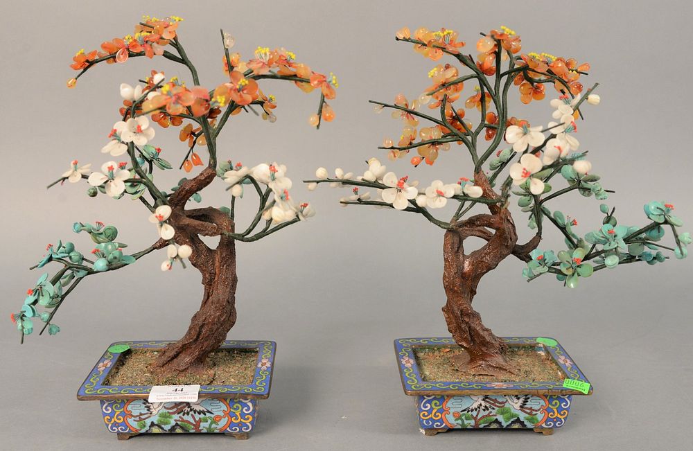 Appraisal: Pair of turquoise hardstone trees in cloisonne planters ht Pair