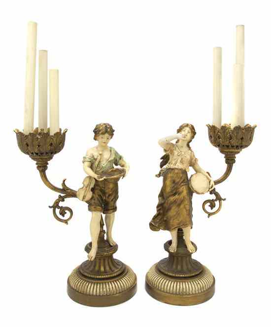 Appraisal: A Pair of Continental Figural Three-Light Candelabrum the openwork candle