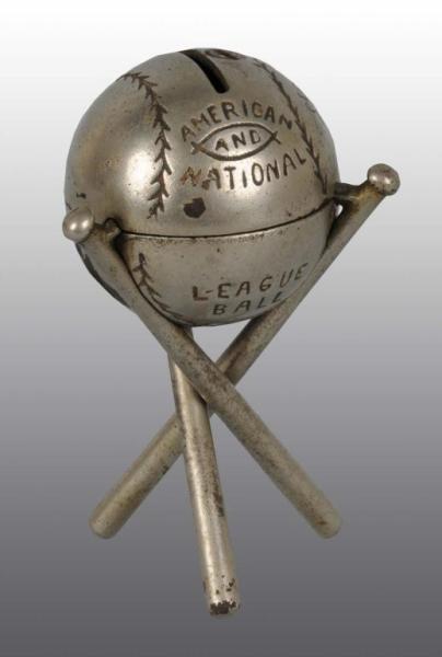 Appraisal: Nickel-Plated Baseball on Bats Still Bank Description Manufactured by Hubley