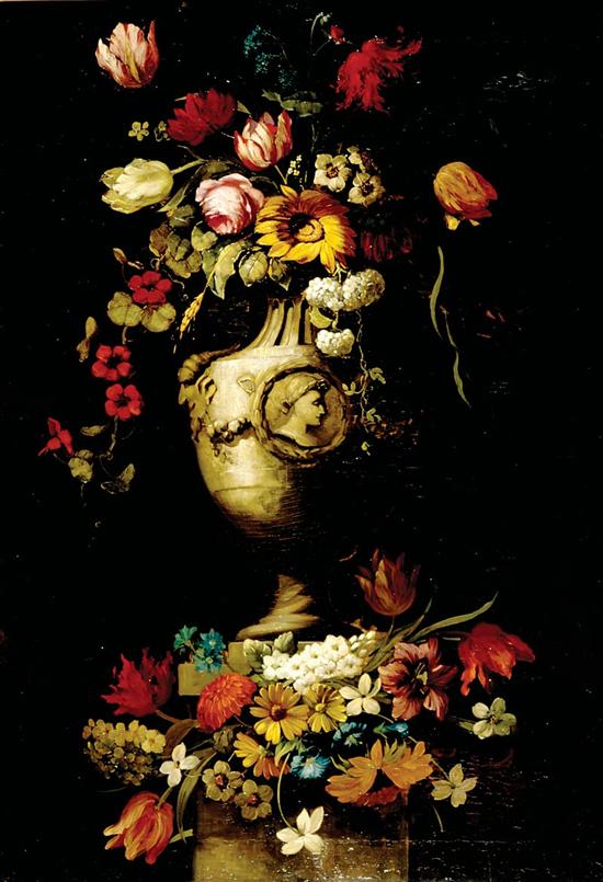 Appraisal: Flemish school th th century FLORAL STILL LIFE IN URN